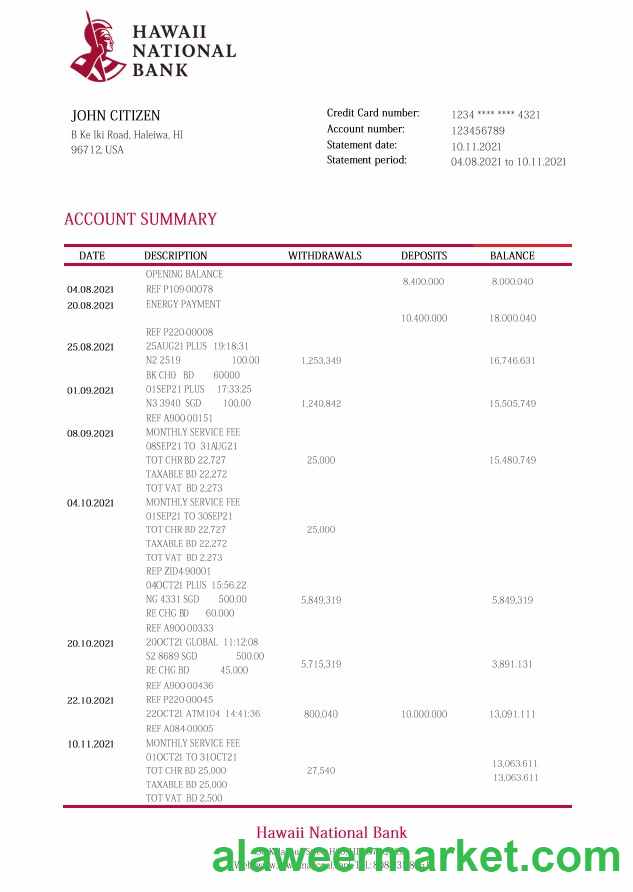 Hawaii Hawaii National Bank statement